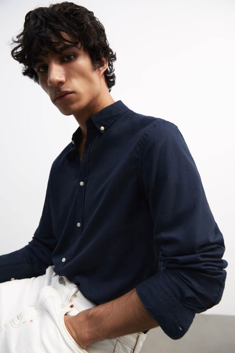 ZARA COLOURED COTTON Skjorta Herr Marinblå Blå | DHMYP-9201
