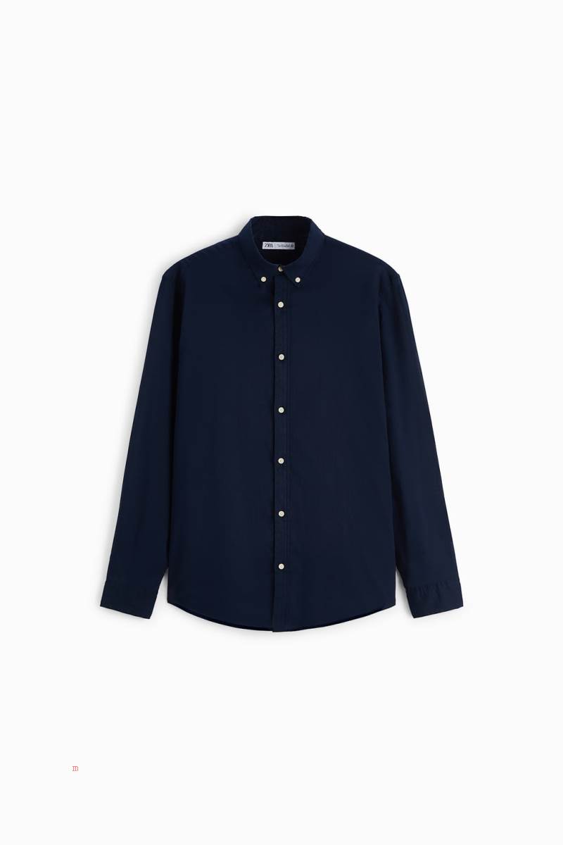 ZARA COLOURED COTTON Skjorta Herr Marinblå Blå | DHMYP-9201