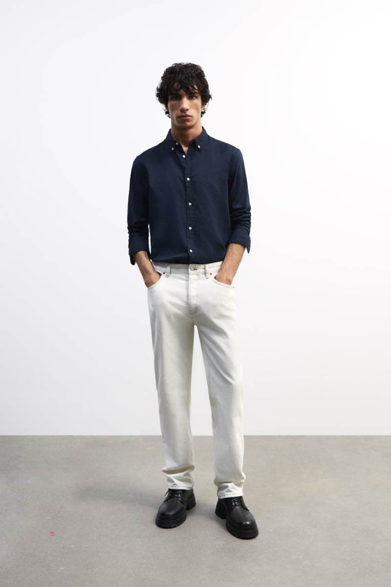 ZARA COLOURED COTTON Skjorta Herr Marinblå Blå | DHMYP-9201