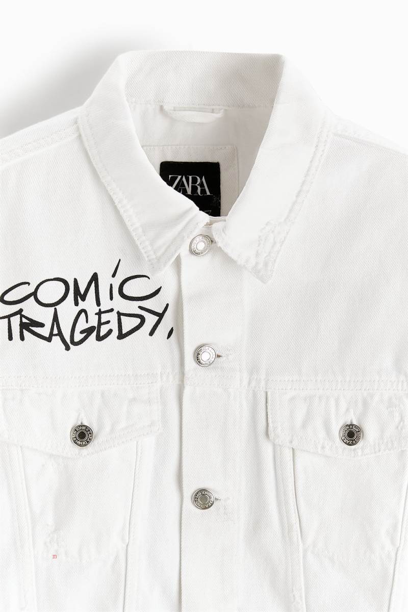 ZARA COMIC PRINT Jeansjacka Herr Vita | JOIGR-6713