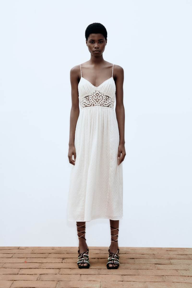 ZARA CONTRAST CROCHET Klänning Dam Grå Vita | MINDF-4170