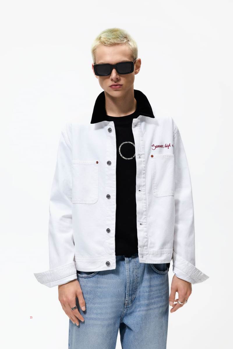 ZARA CONTRAST Jeansjacka Herr Vita | YKQNR-3521