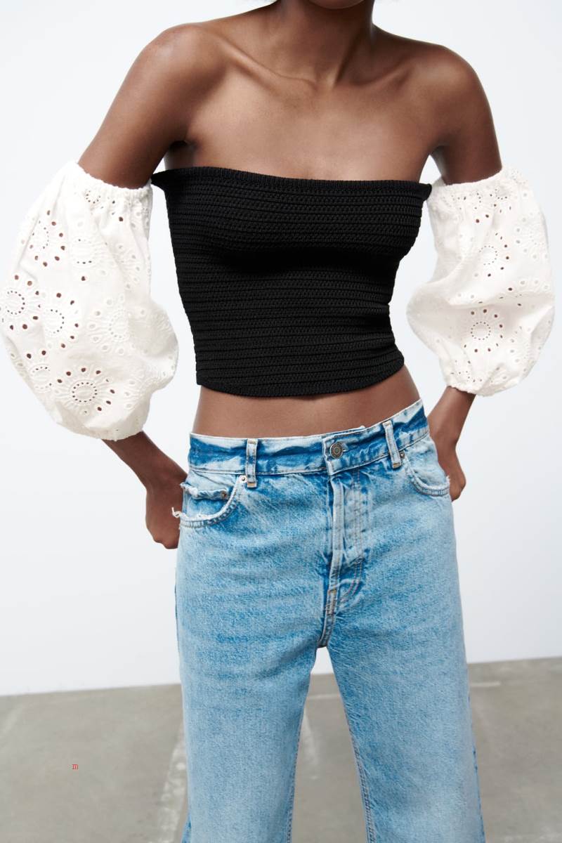 ZARA CONTRAST KNIT TOP Stickat Dam Svarta Vita | ZBDXC-7250