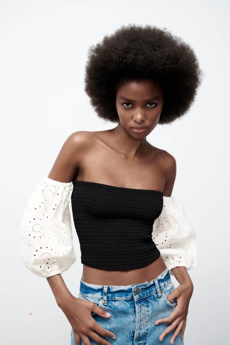ZARA CONTRAST KNIT TOP Stickat Dam Svarta Vita | ZBDXC-7250