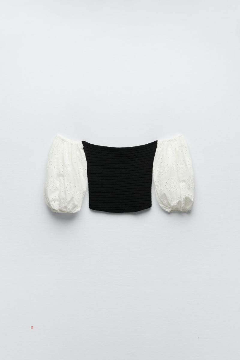 ZARA CONTRAST KNIT TOP Stickat Dam Svarta Vita | ZBDXC-7250