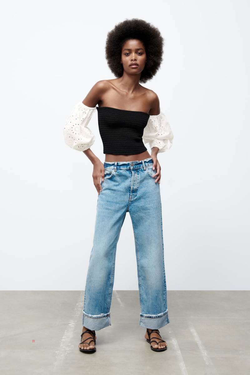ZARA CONTRAST KNIT TOP Stickat Dam Svarta Vita | ZBDXC-7250