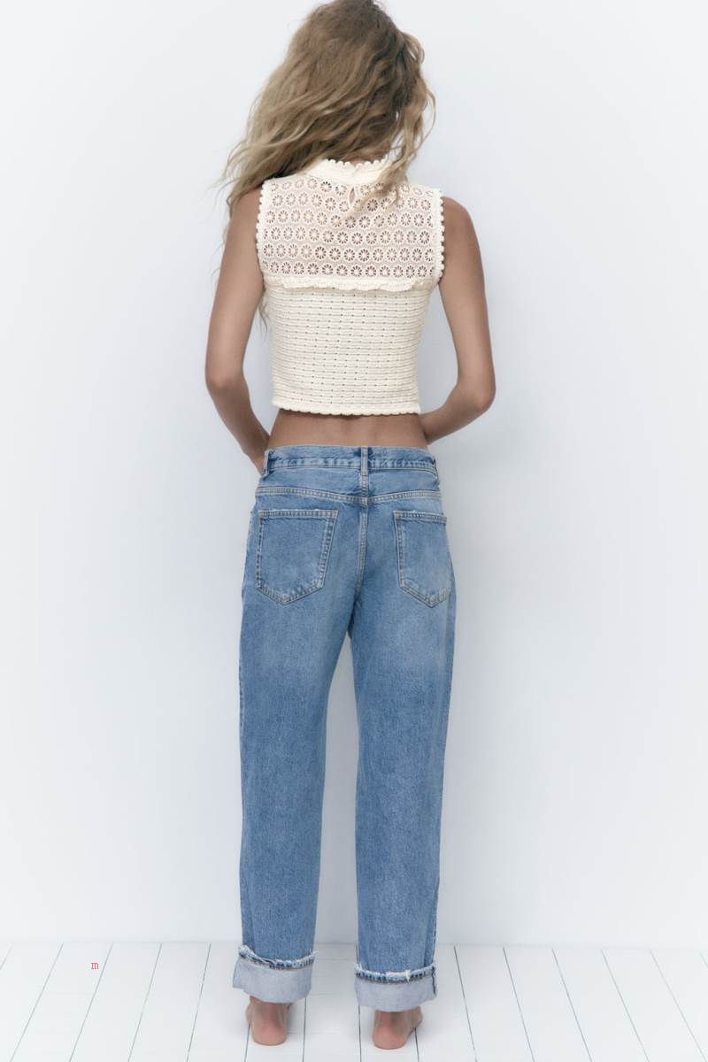 ZARA CONTRAST KNIT TOP WITH CUTWORK EMBROIDERY Stickat Dam Grå Vita | AELZM-8124