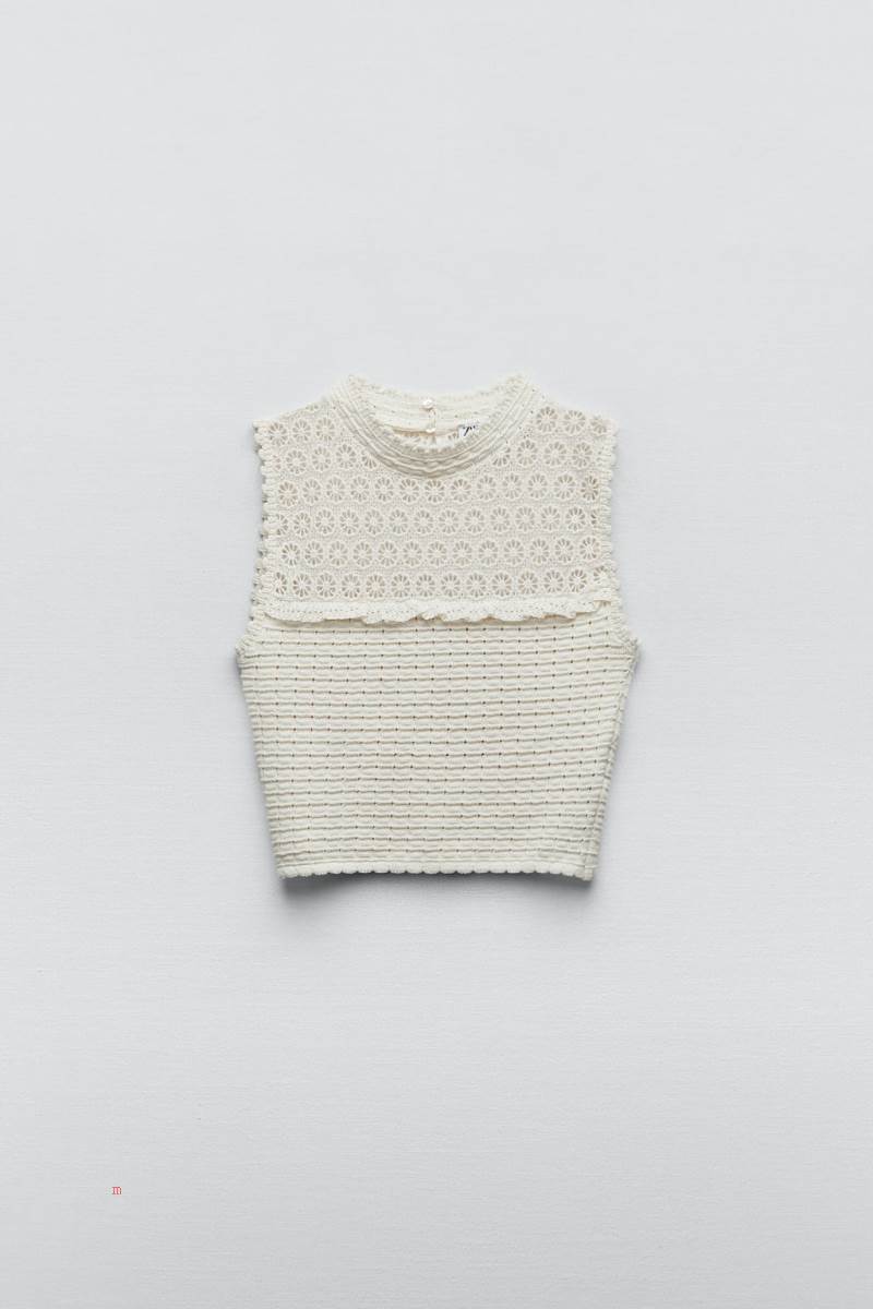 ZARA CONTRAST KNIT TOP WITH CUTWORK EMBROIDERY Stickat Dam Grå Vita | AELZM-8124