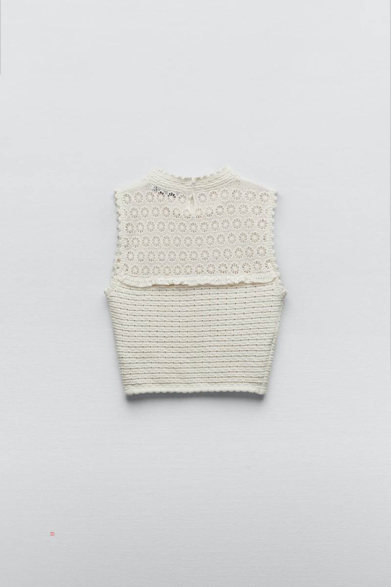ZARA CONTRAST KNIT TOP WITH CUTWORK EMBROIDERY Stickat Dam Grå Vita | AELZM-8124