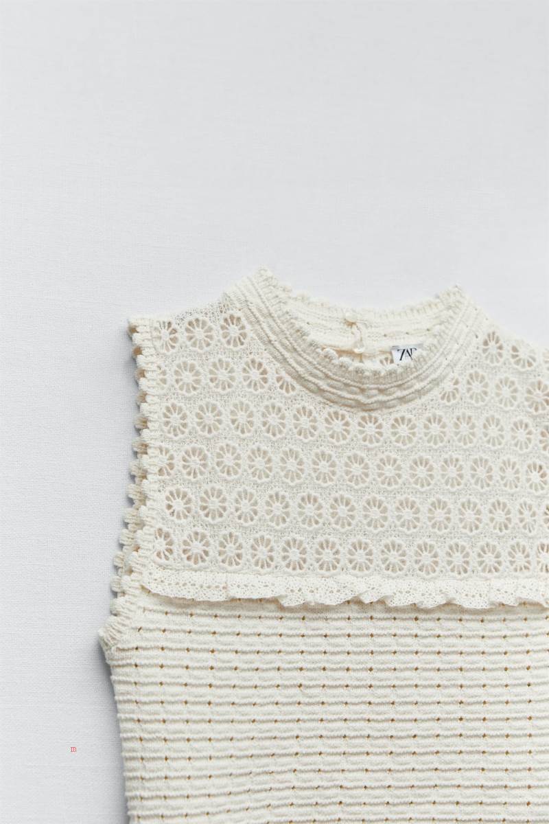 ZARA CONTRAST KNIT TOP WITH CUTWORK EMBROIDERY Stickat Dam Grå Vita | AELZM-8124