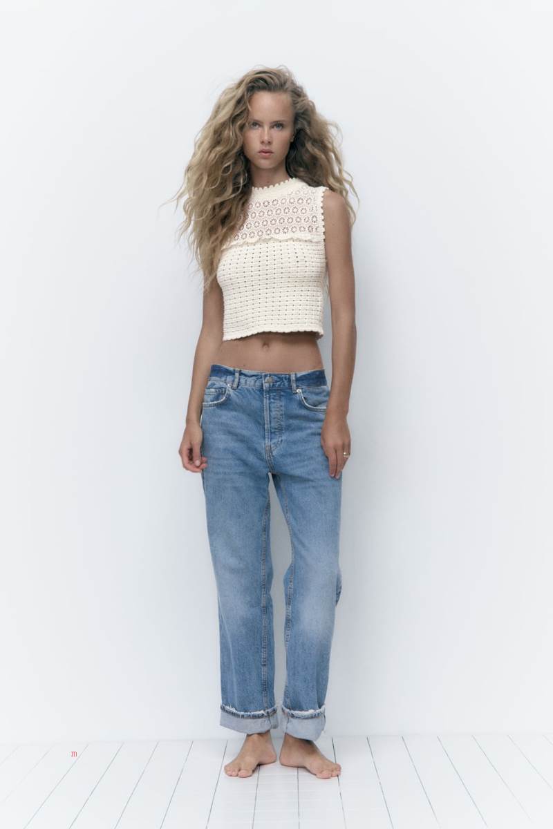 ZARA CONTRAST KNIT TOP WITH CUTWORK EMBROIDERY Stickat Dam Grå Vita | AELZM-8124