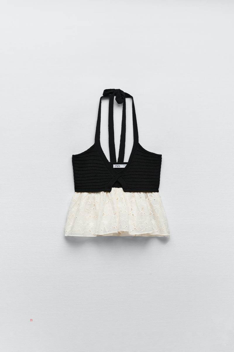 ZARA CONTRAST KNIT TOP WITH CUTWORK EMBROIDERY Stickat Dam Svarta | GCEBM-5034