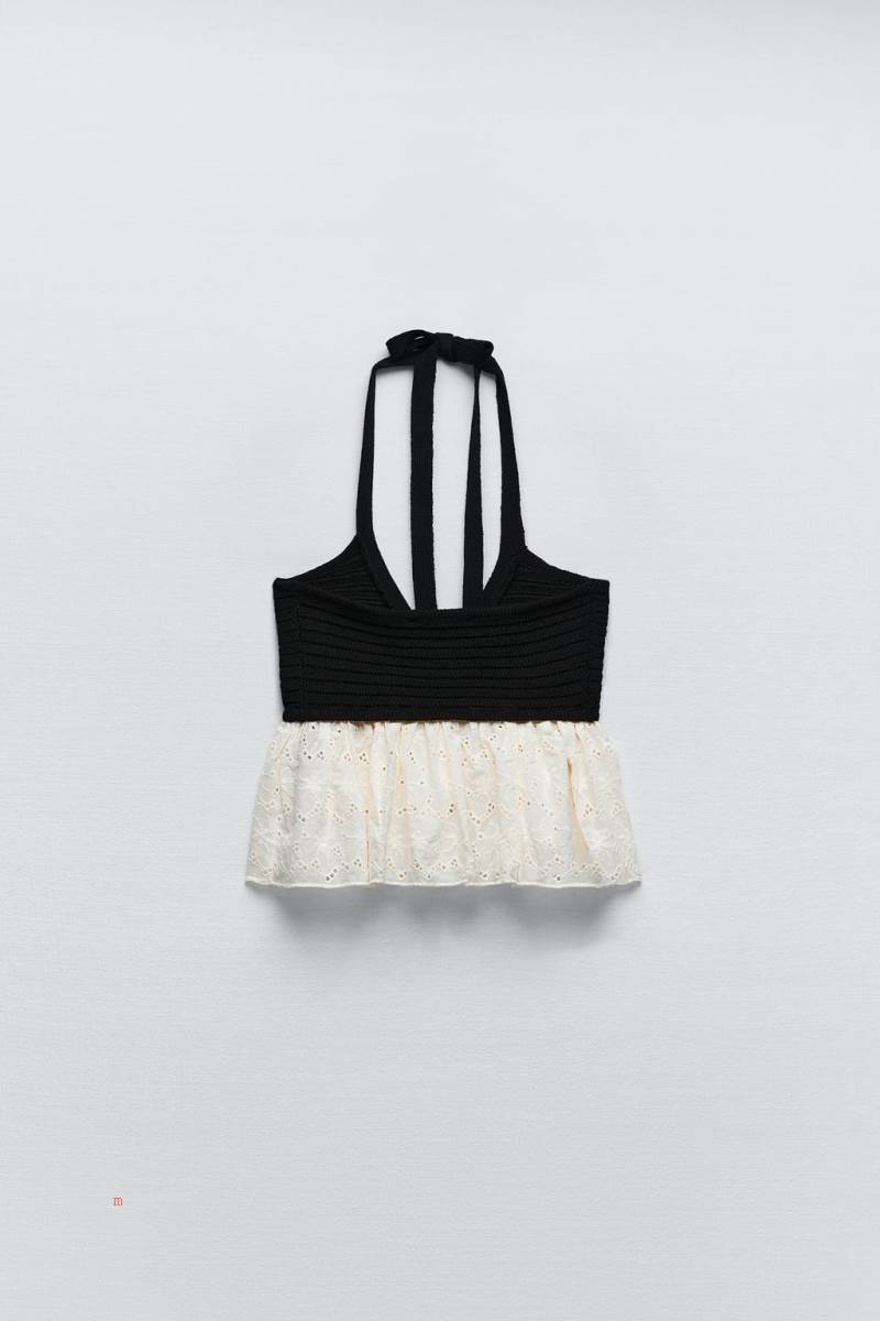 ZARA CONTRAST KNIT TOP WITH CUTWORK EMBROIDERY Stickat Dam Svarta | GCEBM-5034