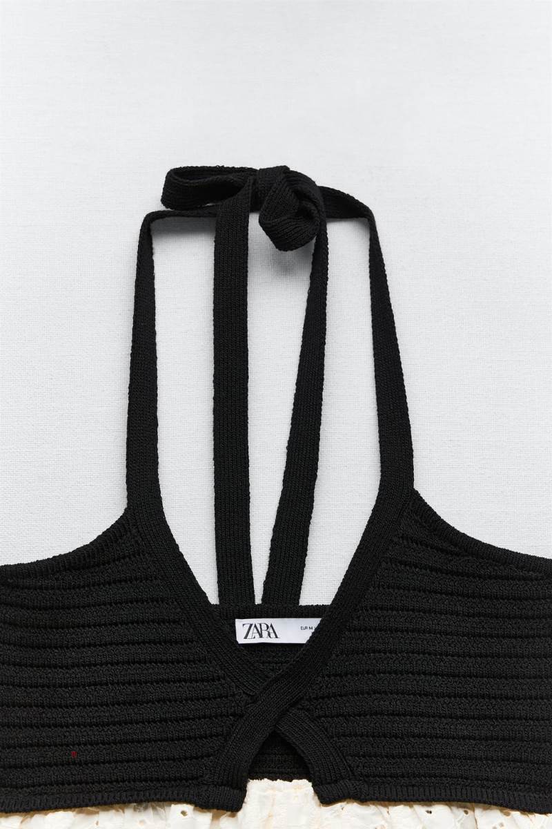 ZARA CONTRAST KNIT TOP WITH CUTWORK EMBROIDERY Stickat Dam Svarta | GCEBM-5034