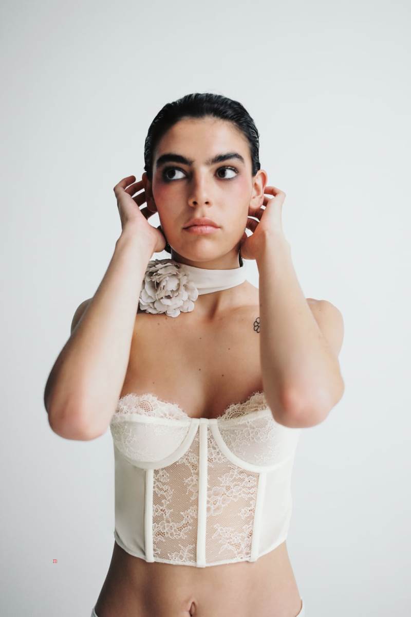 ZARA CORSETRY-INSPIRED LACE TOP Korsett Dam Grå Vita | EMAXO-0654