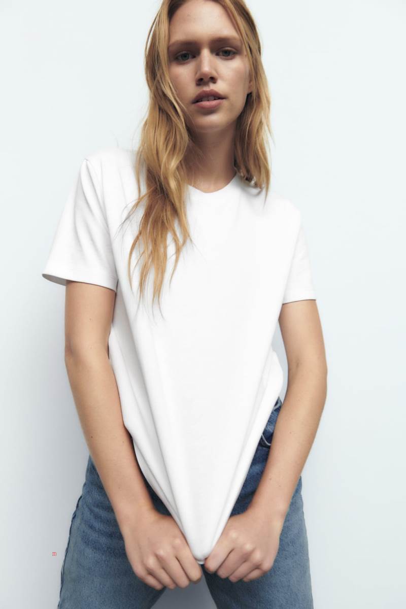 ZARA COTTON PREMIUM T-shirt Dam Vita | XRGUJ-1589