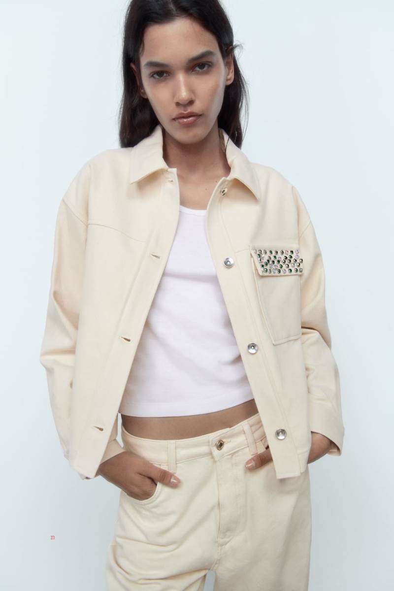 ZARA COTTON WITH BEADED POCKET Jacka Dam Grå Vita | TPNFV-9820
