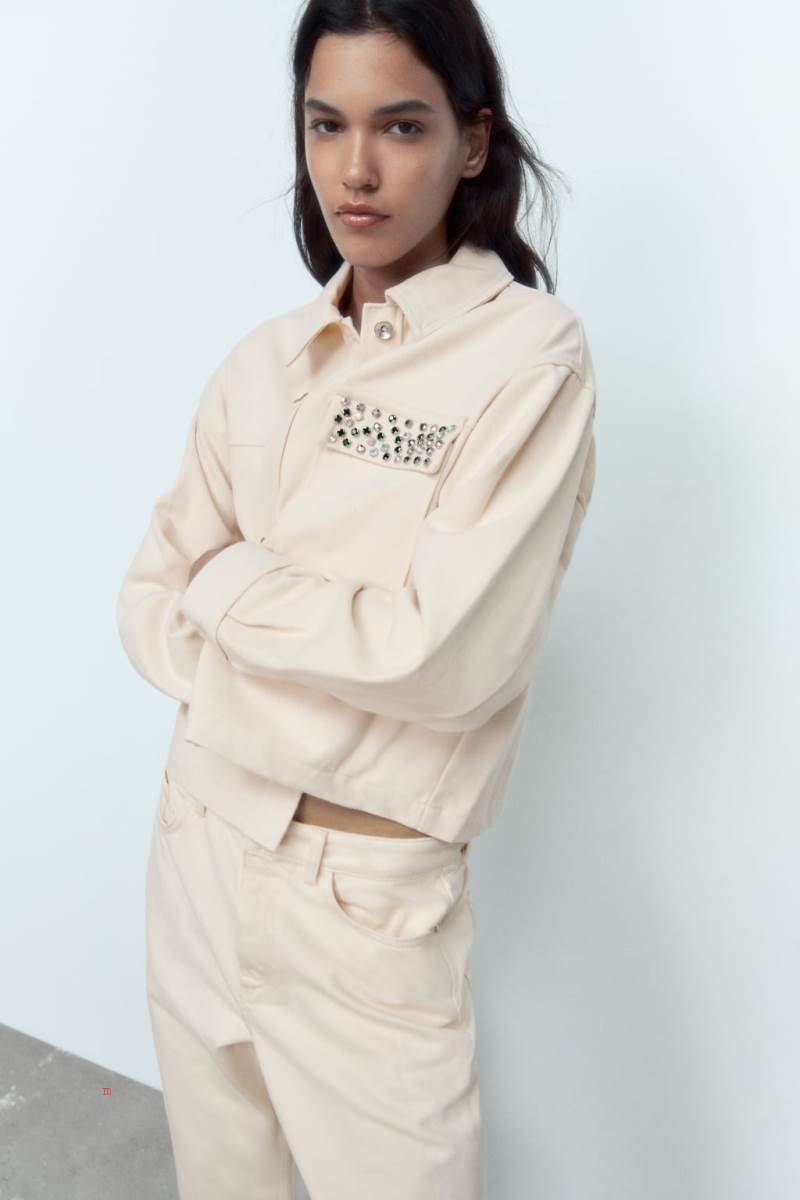 ZARA COTTON WITH BEADED POCKET Jacka Dam Grå Vita | TPNFV-9820