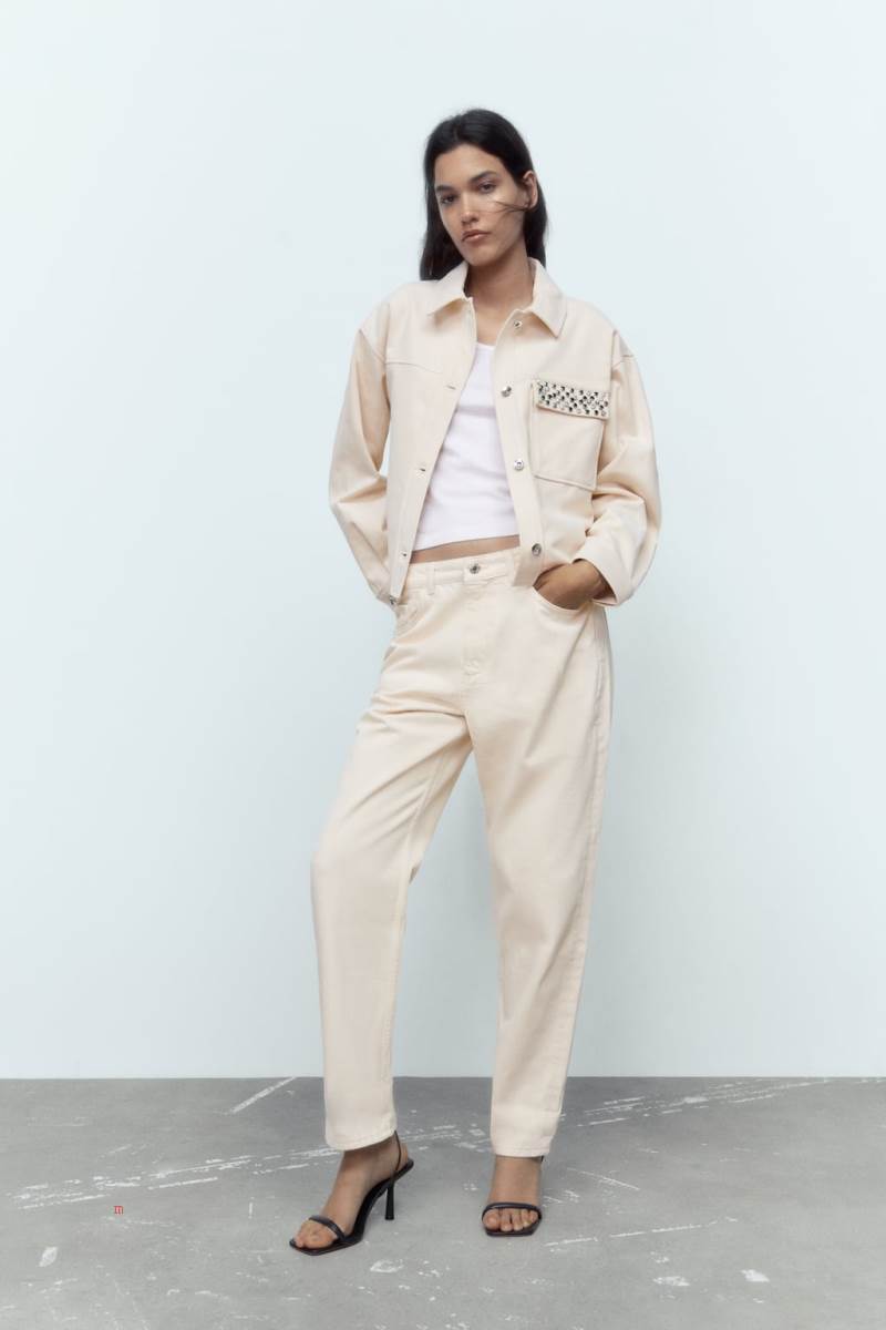 ZARA COTTON WITH BEADED POCKET Jacka Dam Grå Vita | TPNFV-9820