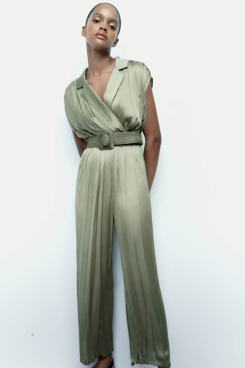 ZARA CREASED-EFFECT SATIN WITH BELT Jumpsuit Dam Ljuskhaki | UOZGR-0358