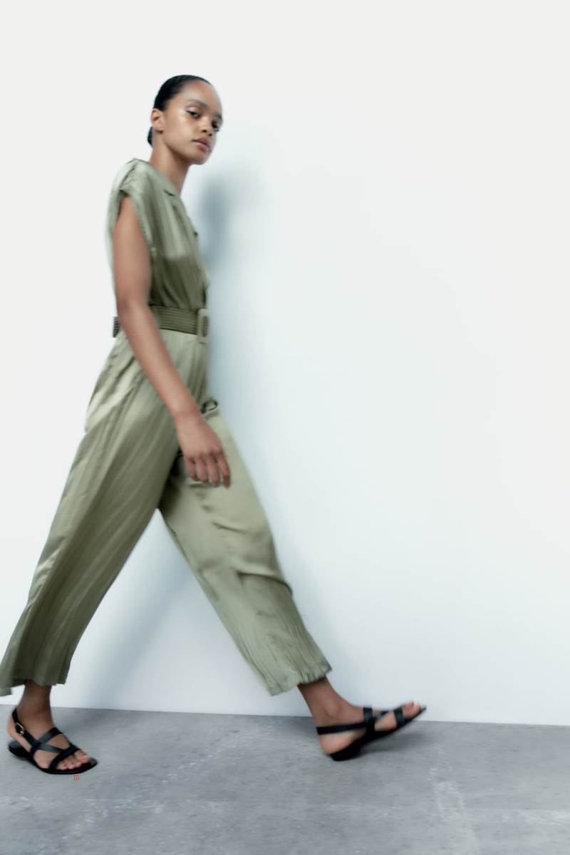 ZARA CREASED-EFFECT SATIN WITH BELT Jumpsuit Dam Ljuskhaki | UOZGR-0358