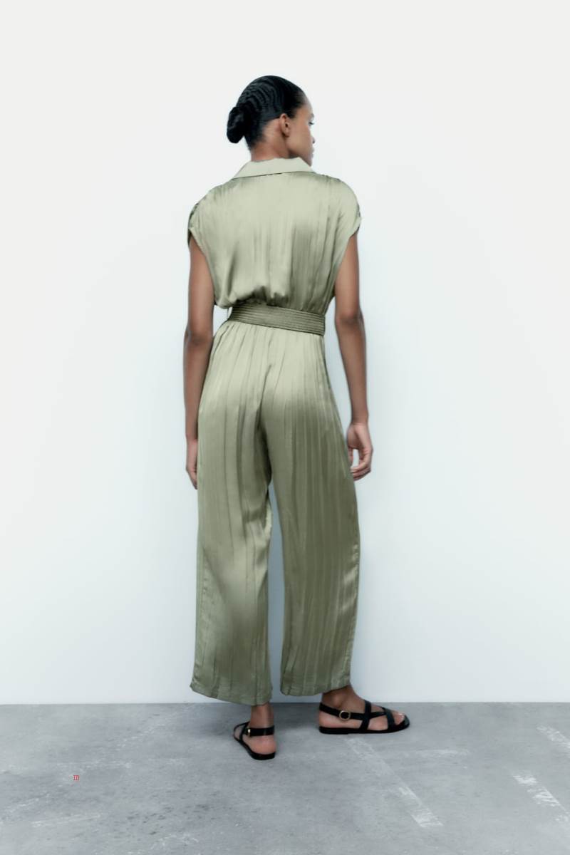 ZARA CREASED-EFFECT SATIN WITH BELT Jumpsuit Dam Ljuskhaki | UOZGR-0358