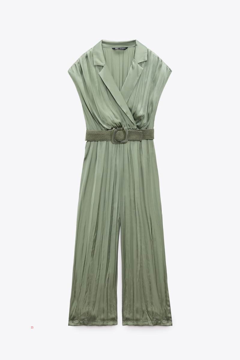 ZARA CREASED-EFFECT SATIN WITH BELT Jumpsuit Dam Ljuskhaki | UOZGR-0358