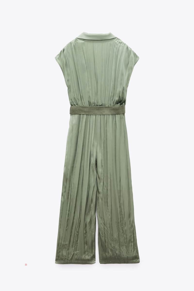 ZARA CREASED-EFFECT SATIN WITH BELT Jumpsuit Dam Ljuskhaki | UOZGR-0358
