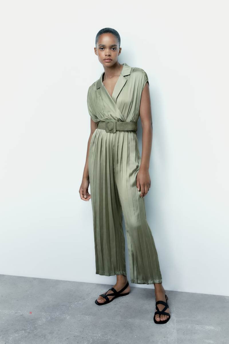 ZARA CREASED-EFFECT SATIN WITH BELT Jumpsuit Dam Ljuskhaki | UOZGR-0358