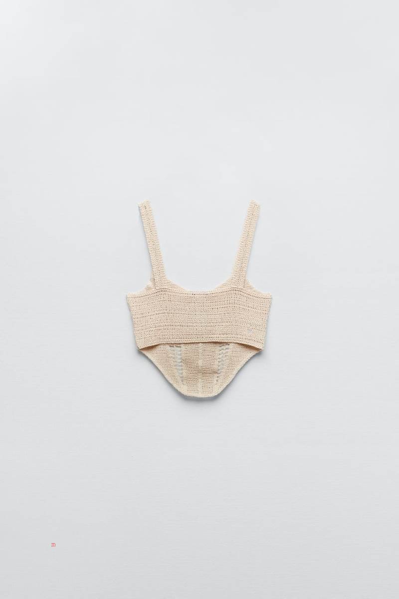 ZARA CROCHET TOP WITH THIN STRAPS Crop Top Dam Grå Vita | RCZLI-8203