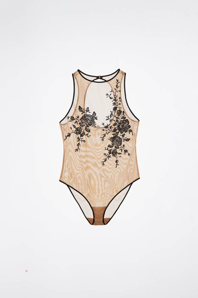 ZARA CROCHET TULLE Bodysuit Dam Rosa Beige | VCGXP-0829