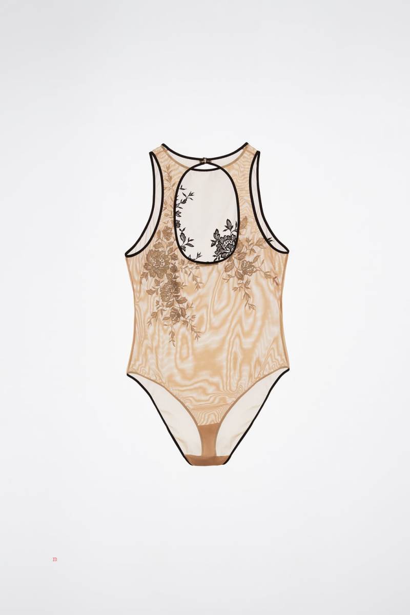 ZARA CROCHET TULLE Bodysuit Dam Rosa Beige | VCGXP-0829