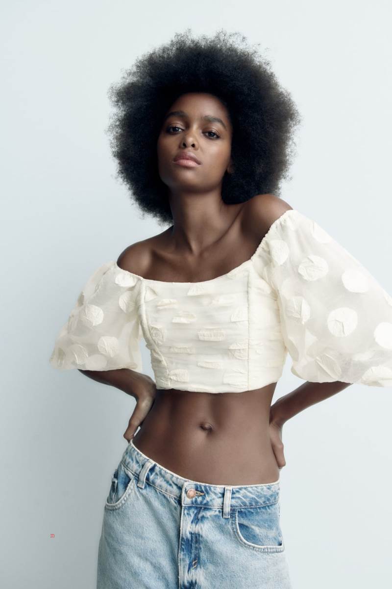 ZARA CROPPED BALLOON SLEEVE TOP Crop Top Dam Grå Vita | RPYSC-9328