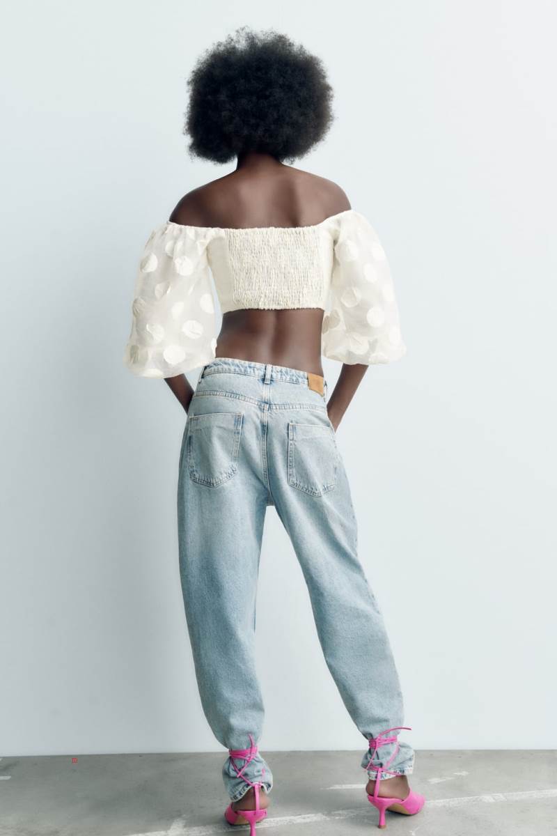 ZARA CROPPED BALLOON SLEEVE TOP Crop Top Dam Grå Vita | RPYSC-9328