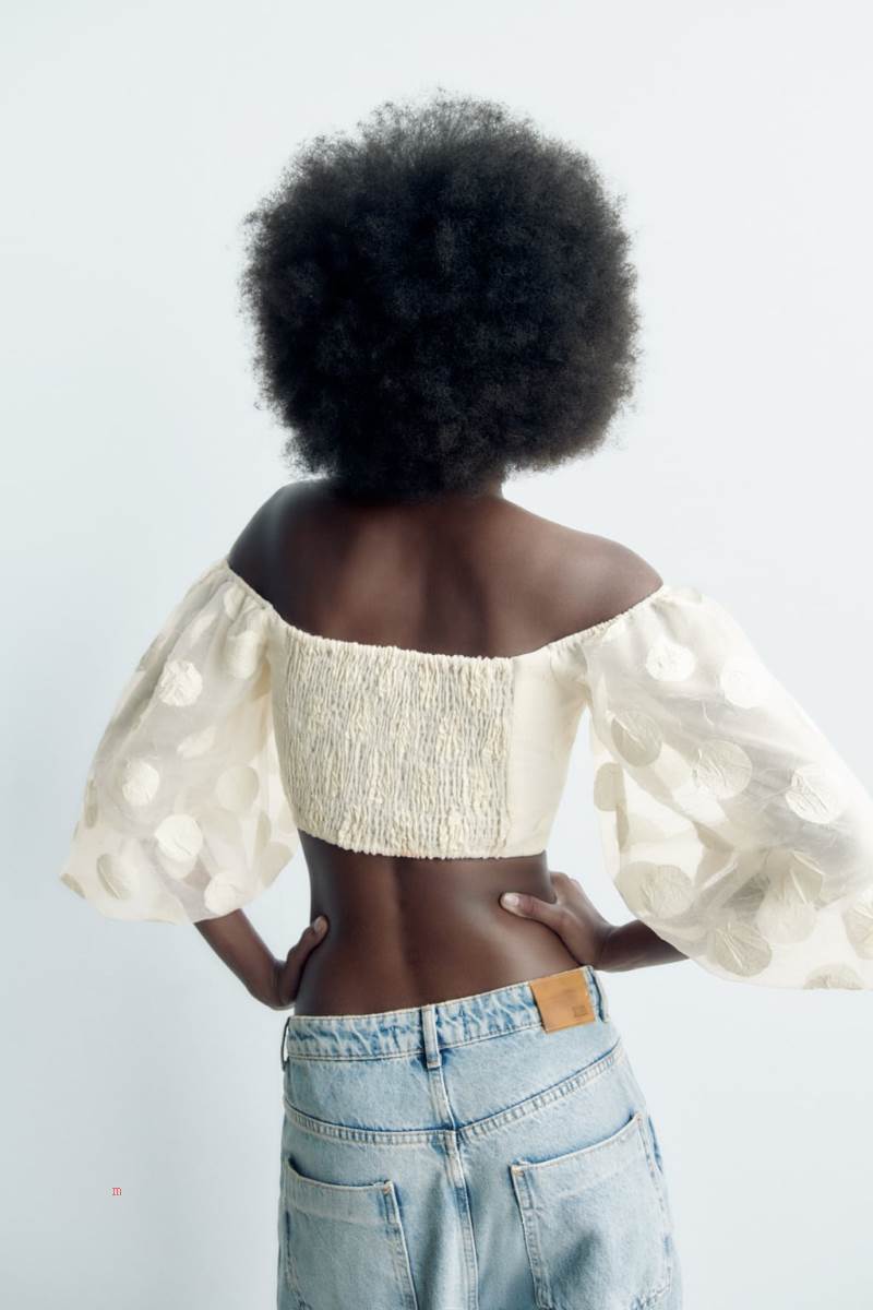 ZARA CROPPED BALLOON SLEEVE TOP Crop Top Dam Grå Vita | RPYSC-9328