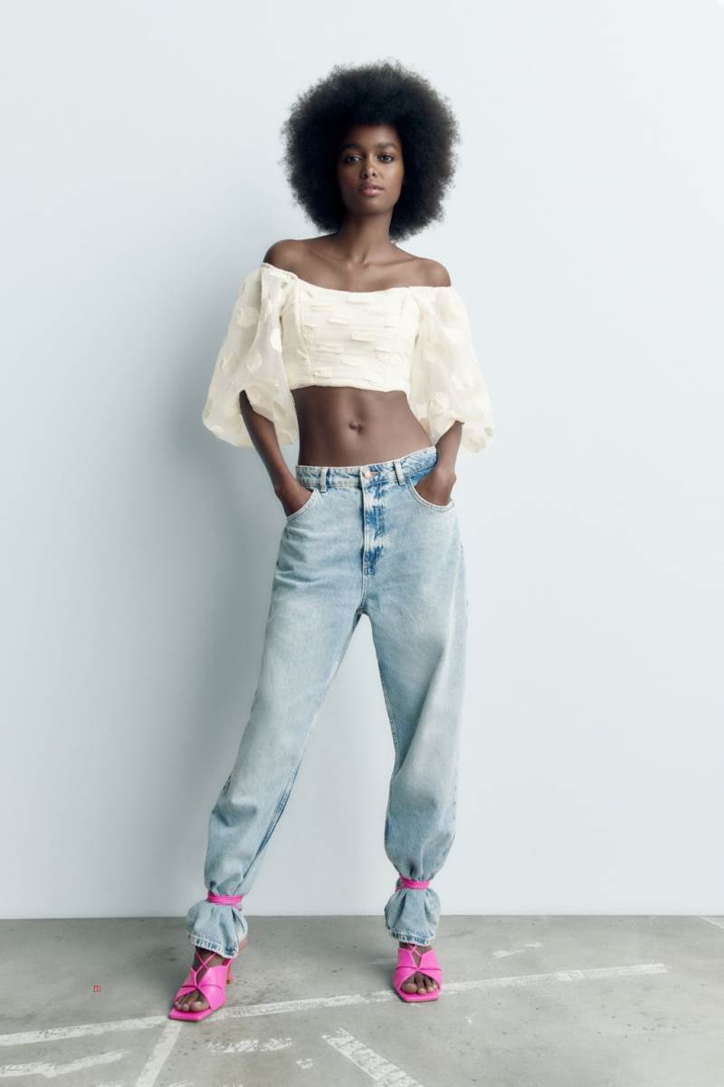ZARA CROPPED BALLOON SLEEVE TOP Crop Top Dam Grå Vita | RPYSC-9328
