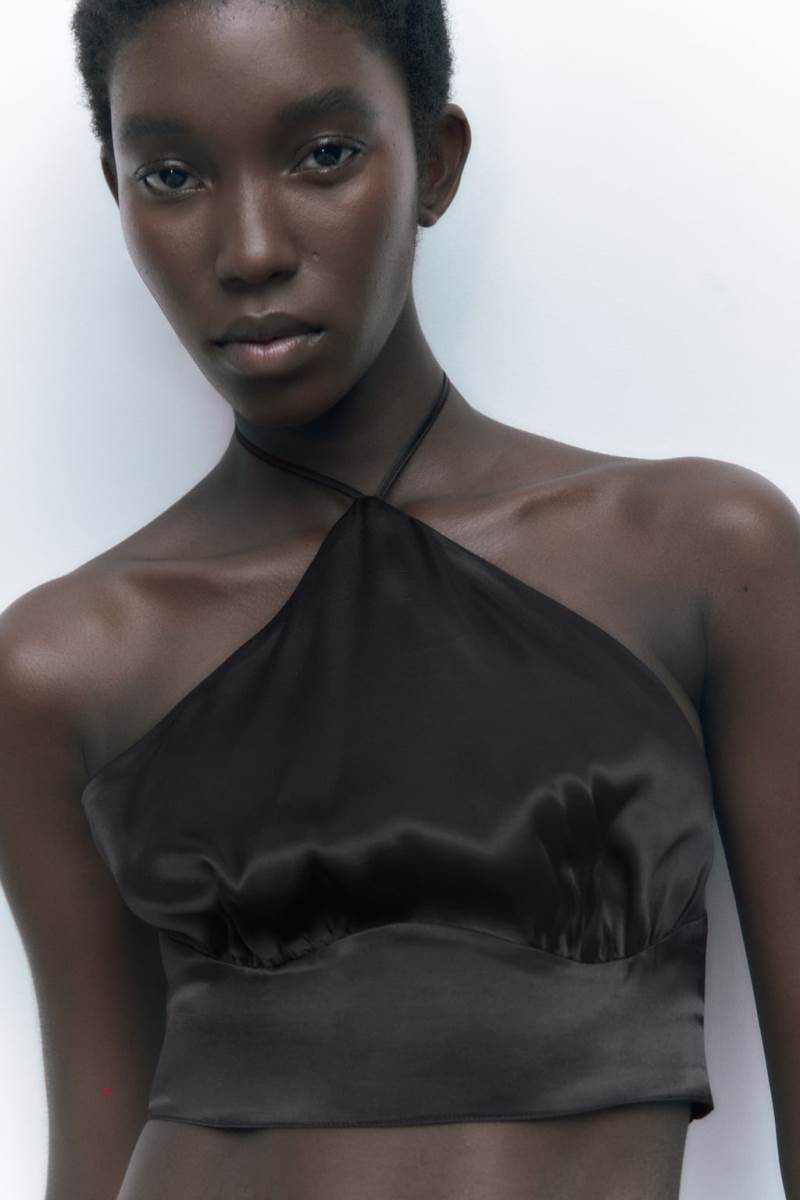 ZARA CROPPED HALTER TOP WITH TIE DETAIL Crop Top Dam Svarta | ANYMT-8907