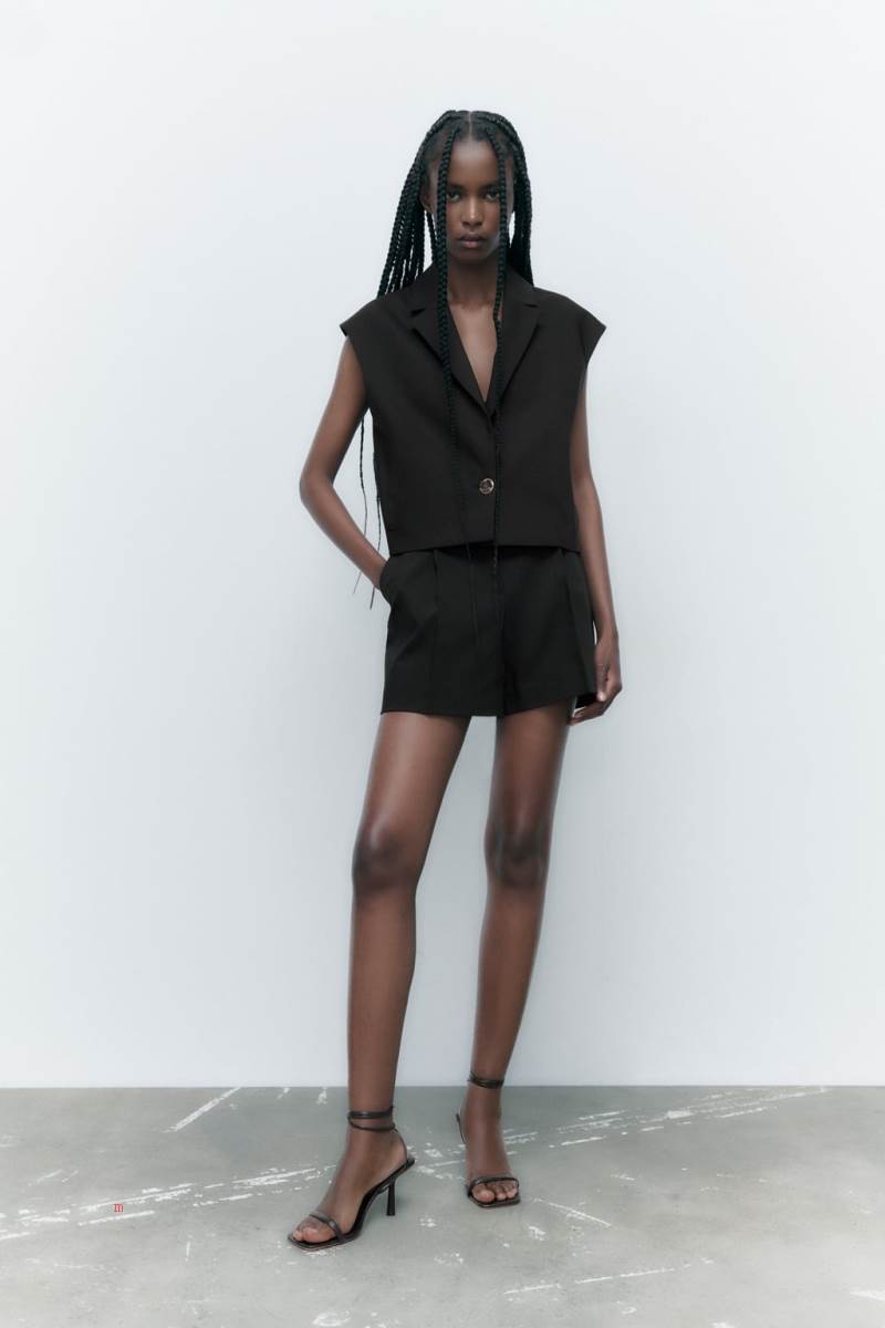 ZARA CROPPED WITH BUTTON Kostym Väst Dam Svarta | WPZUT-7825