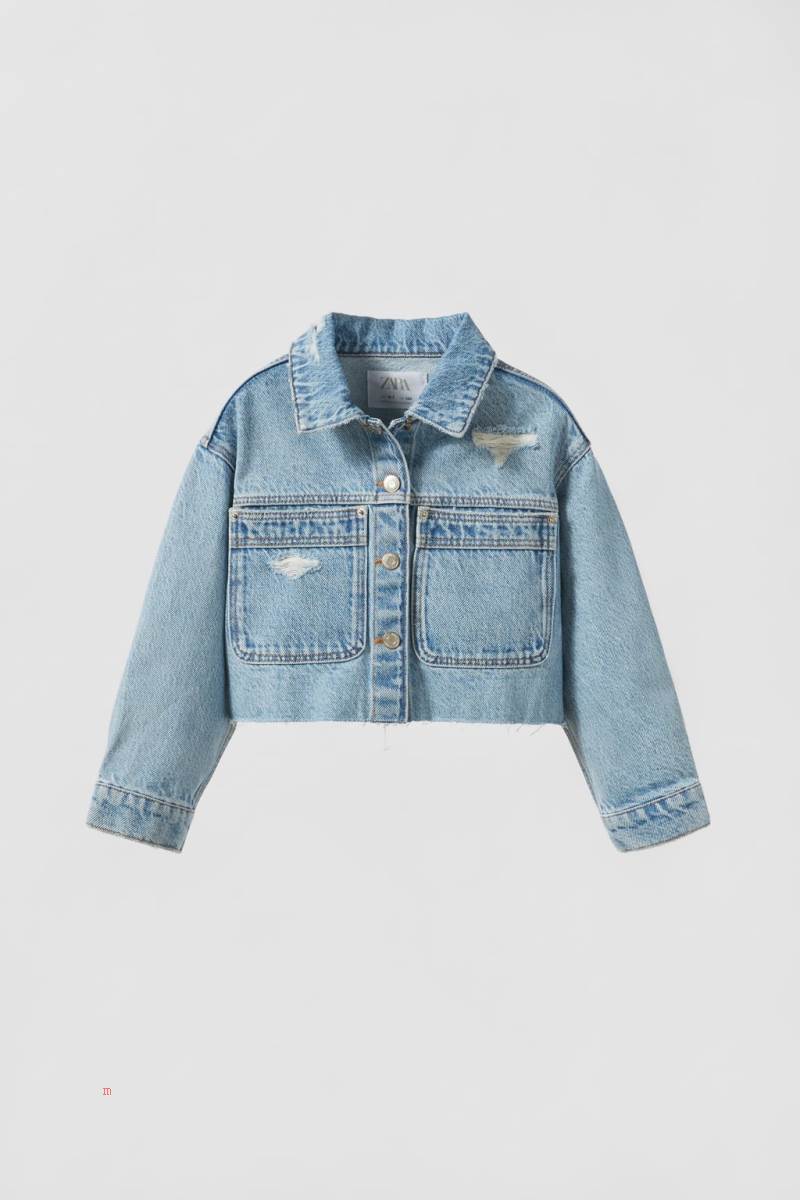 ZARA CROPPED WITH RIPS Jeansjacka Tjej Blå | HBVAS-8609