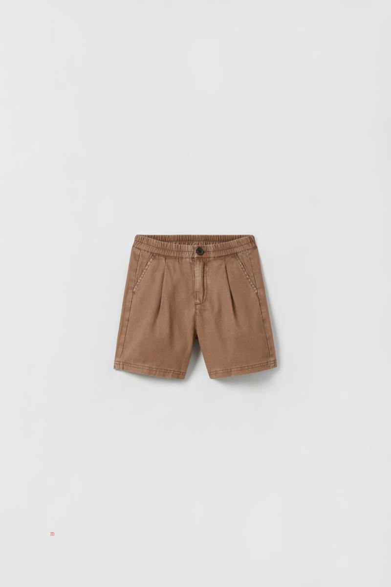 ZARA DARTED LINEN-BLEND BERMUDA Shorts Pojke Bruna | LEWAD-4982