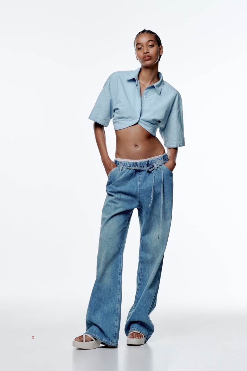 ZARA DENIM TRF WITH BELT Byxor Dam Blå | NVYZP-7948