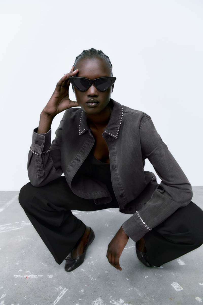 ZARA DENIM WITH RHINESTONES Övertröja Dam Grå | PMNHU-9053
