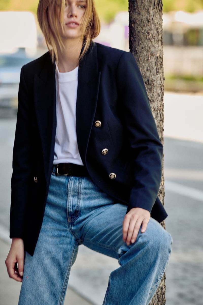 ZARA DOUBLE-BREASTED PIQUÉ Blazers Dam Marinblå Blå | JRLEI-0579