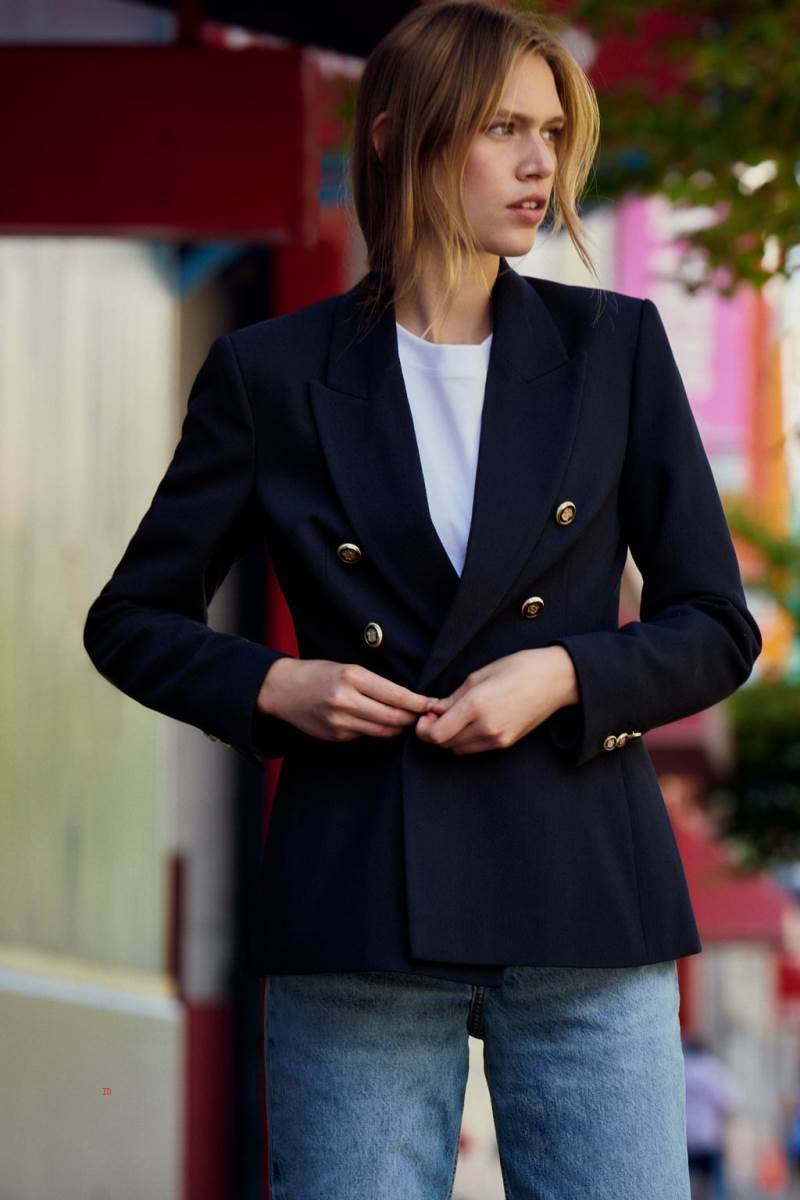 ZARA DOUBLE-BREASTED PIQUÉ Blazers Dam Marinblå Blå | JRLEI-0579