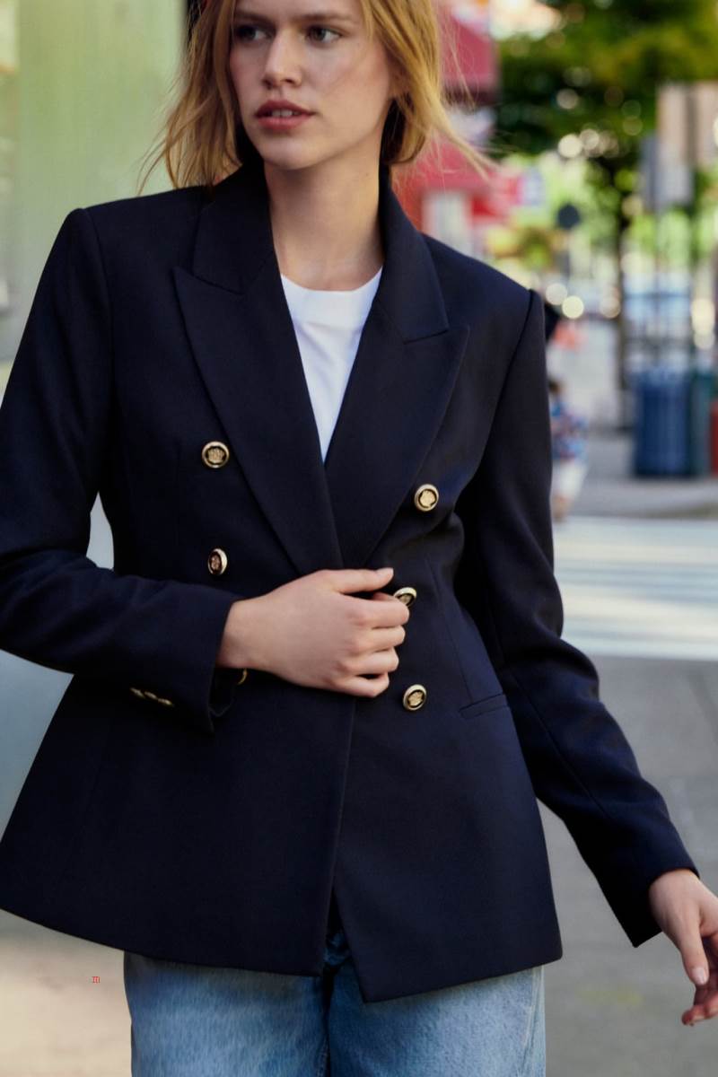 ZARA DOUBLE-BREASTED PIQUÉ Blazers Dam Marinblå Blå | JRLEI-0579