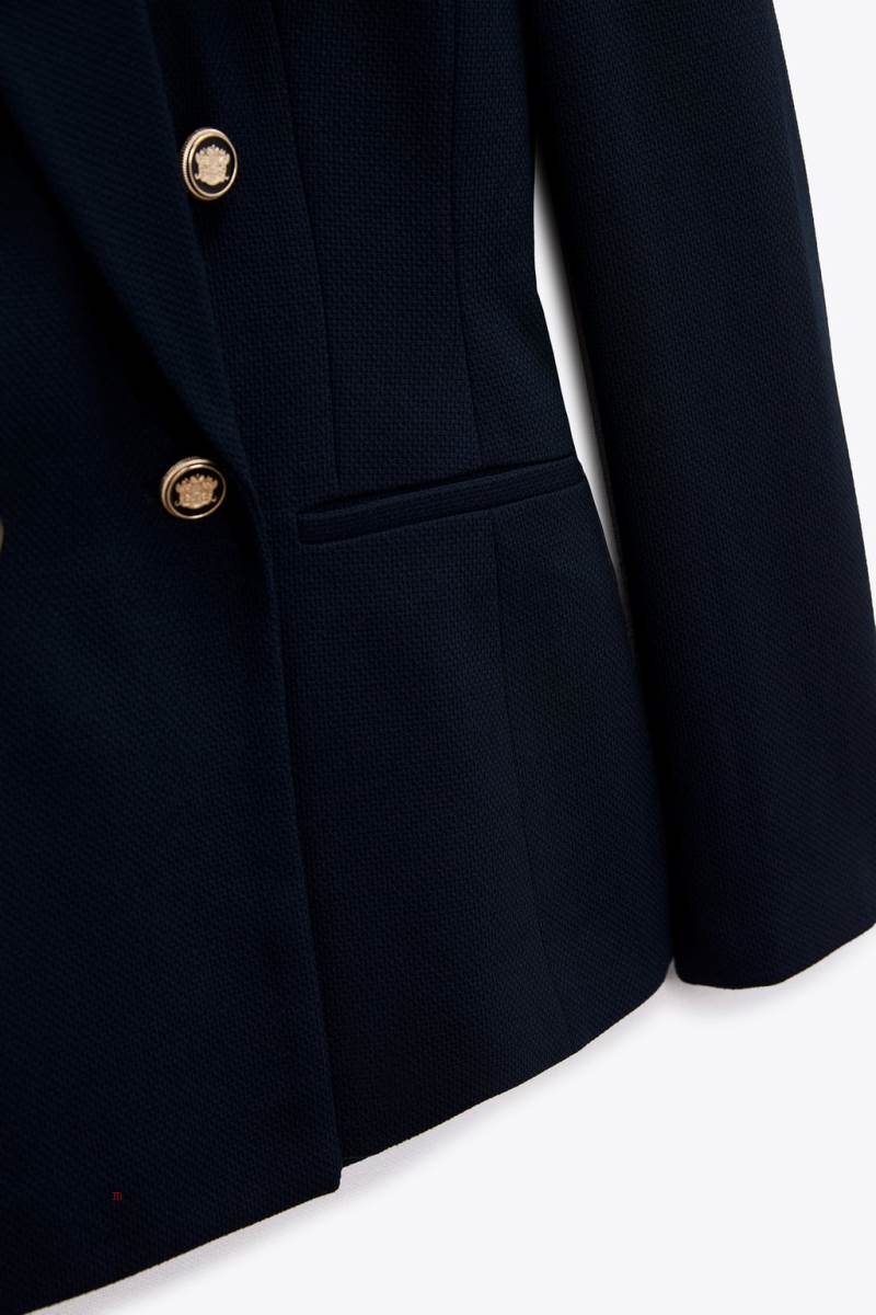 ZARA DOUBLE-BREASTED PIQUÉ Blazers Dam Marinblå Blå | JRLEI-0579
