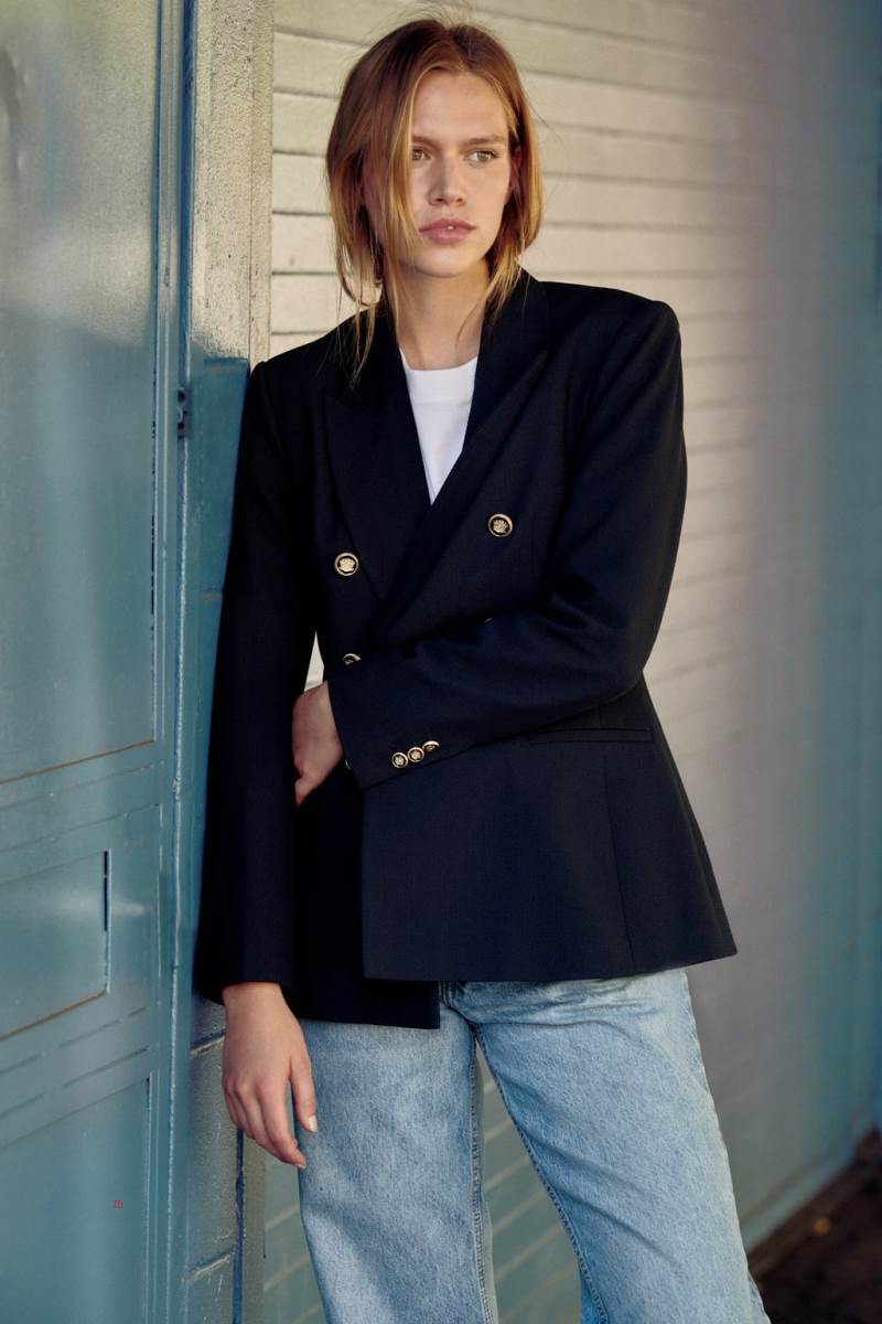 ZARA DOUBLE-BREASTED PIQUÉ Blazers Dam Marinblå Blå | JRLEI-0579