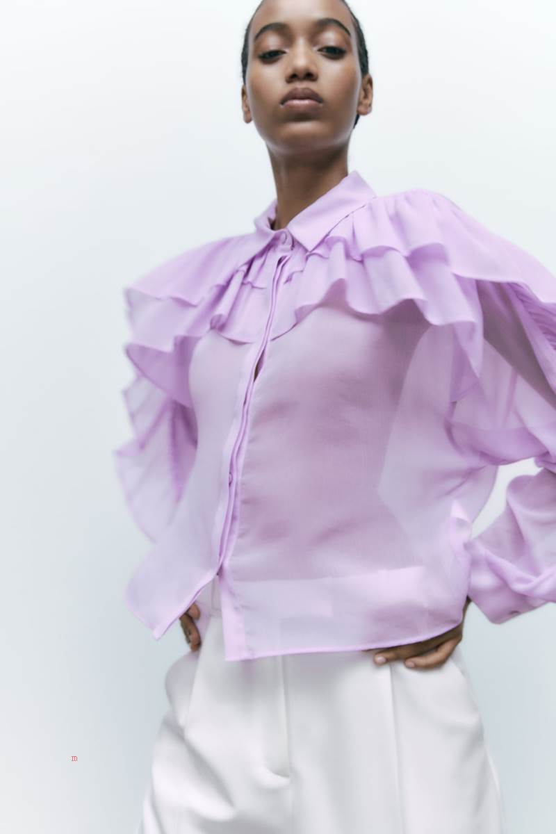 ZARA DOUBLE RUFFLE FLOWING Skjorta Dam Ljuslila | UQHZG-6910