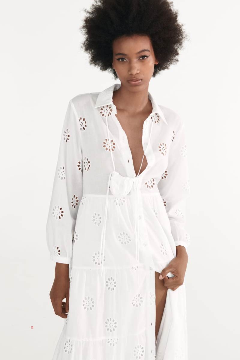 ZARA DRESS WITH CUTWORK EMBROIDERY AND BAG Klänning Dam Vita | HWUSL-1306
