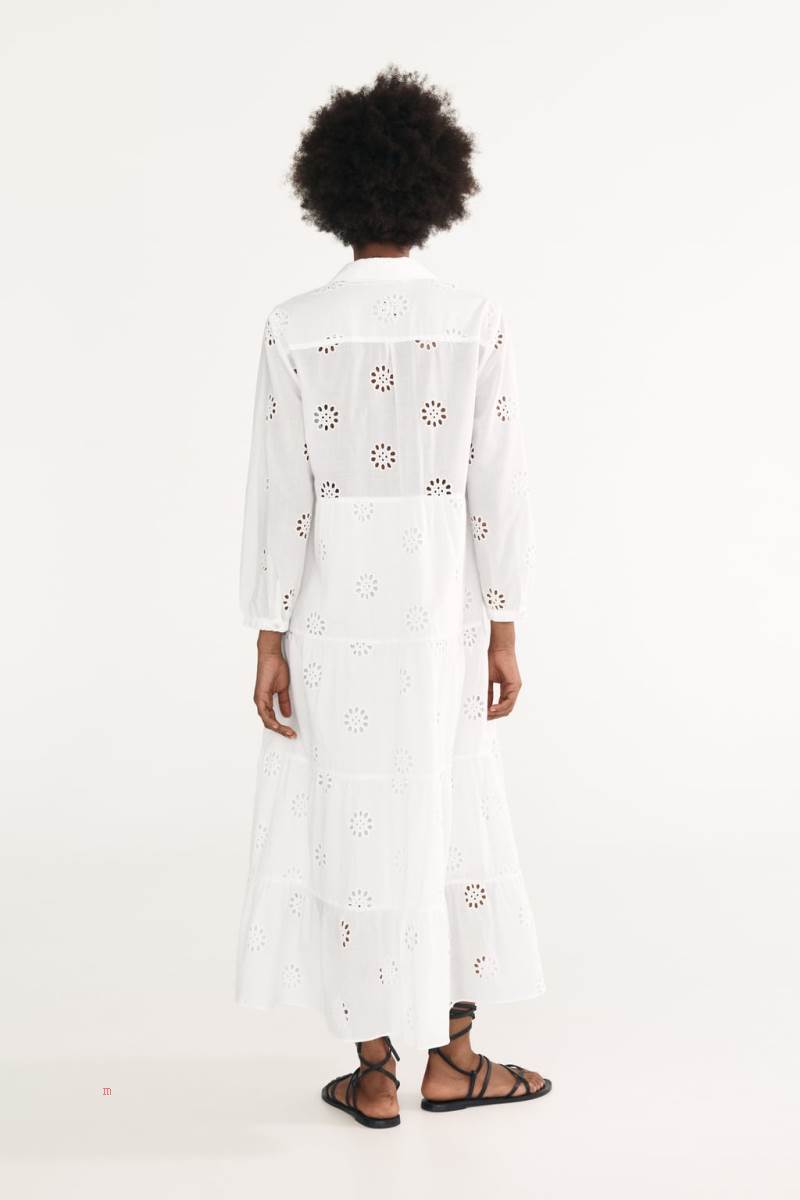 ZARA DRESS WITH CUTWORK EMBROIDERY AND BAG Klänning Dam Vita | HWUSL-1306